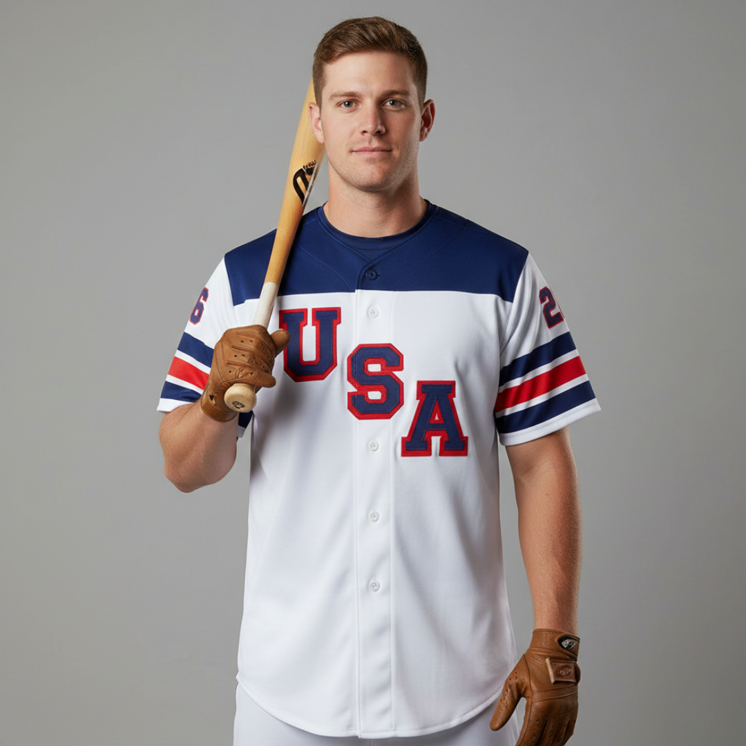 Baseball player wearing a USA jersey holding a bat over his shoulder