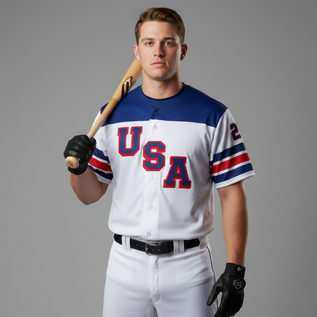Baseball player wearing a USA jersey holding a wooden bat over his shoulder