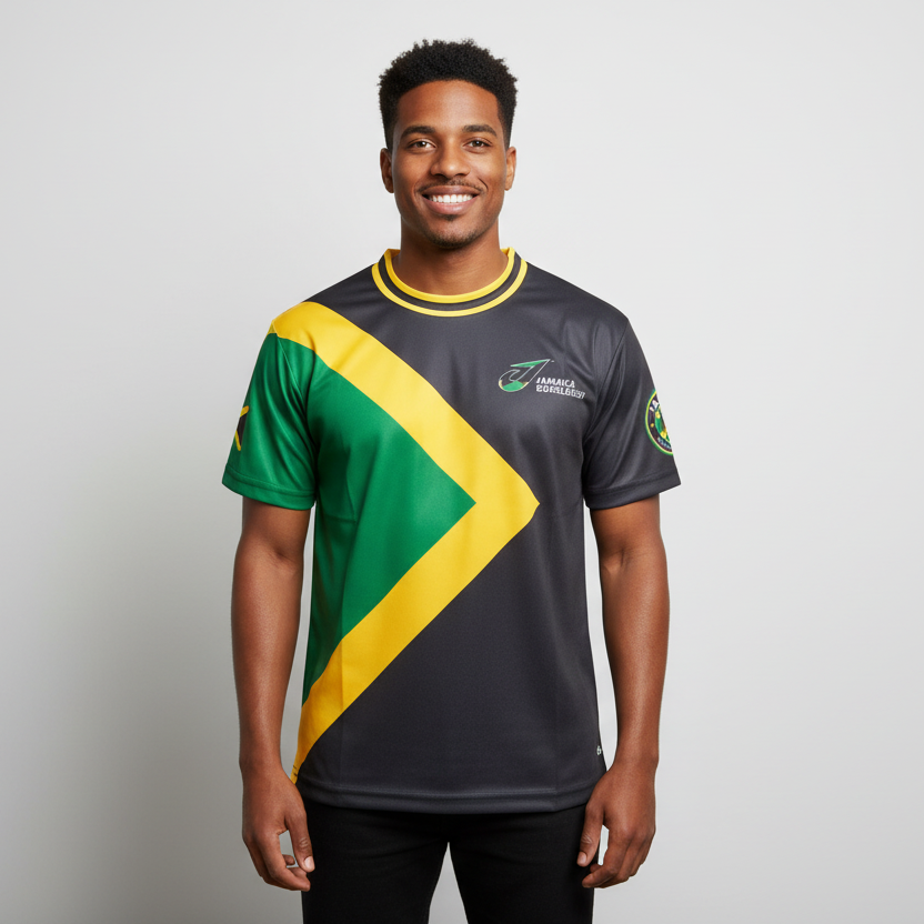 Person wearing a sports jersey with green, yellow, and black design on a plain background