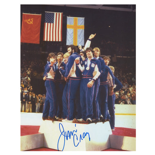 Jim Craig Signed Photo 8"X10" Miracle on Ice 1980 USA Hockey Team on Gold Medal Celebration Podium