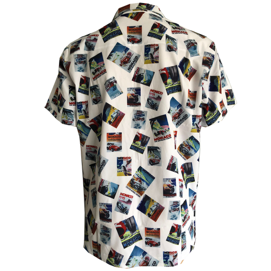 Short sleeve button down shirt with vintage Monaco Grand Prix poster print