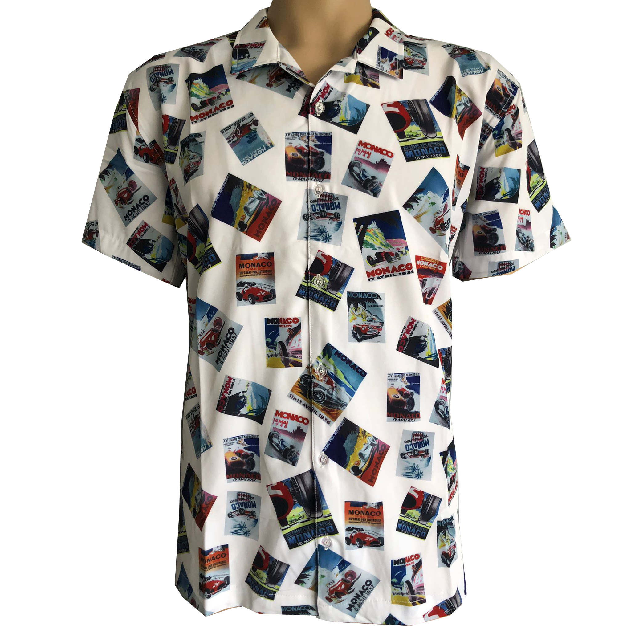 Short sleeve button down shirt with white background and vintage Monaco Grand Prix race car poster print