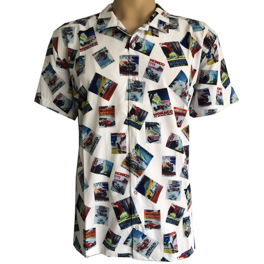 Short sleeve button down shirt with white background and vintage Monaco Grand Prix race car poster print