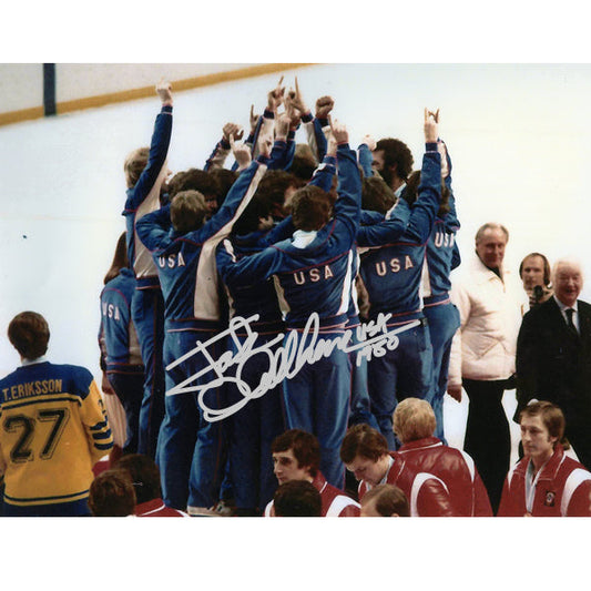 Jack O'callahan Signed Miracle on Ice 1980 USA Hockey Team Lake Placid  Gold Medal Podium Celebration Official Photo 8x10