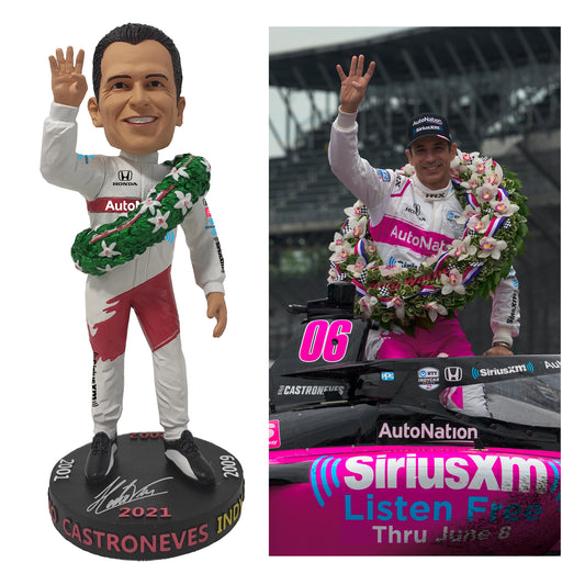 Helio Castroneves 2021 Indy 500 licensed 8" Bobblehead Signed by Helio ( Box slightly Damage on the corners)